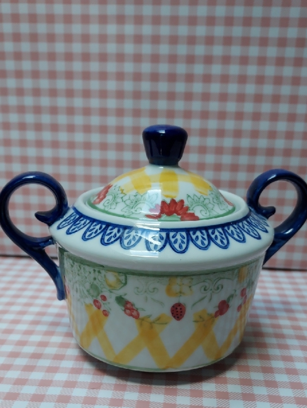 Blue Yellow Strawberry Hand Painted Ceramic Set Pitcher Sugar Bowl Creamer Mug - Picture 8 of 10